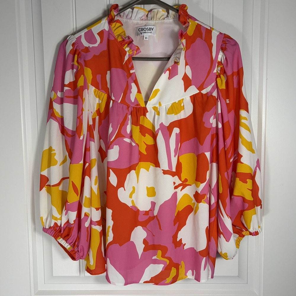 Crosby by Mollie Burch Abstract Print Ruffle Neck Blouse Women's Medium